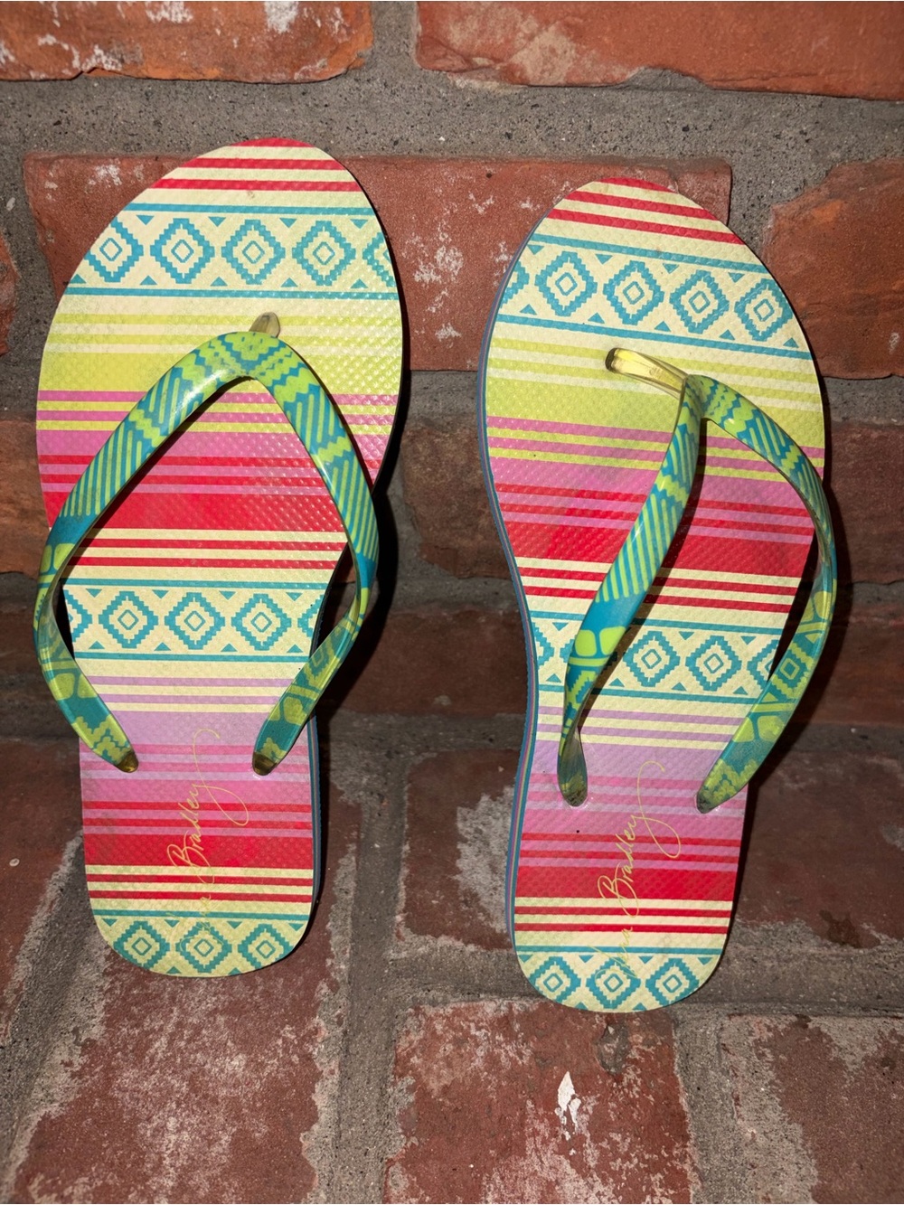 Vera Bradley Multicolor Striped Flip Flop Sandals - Turquoise, Red, Yellow, Pink